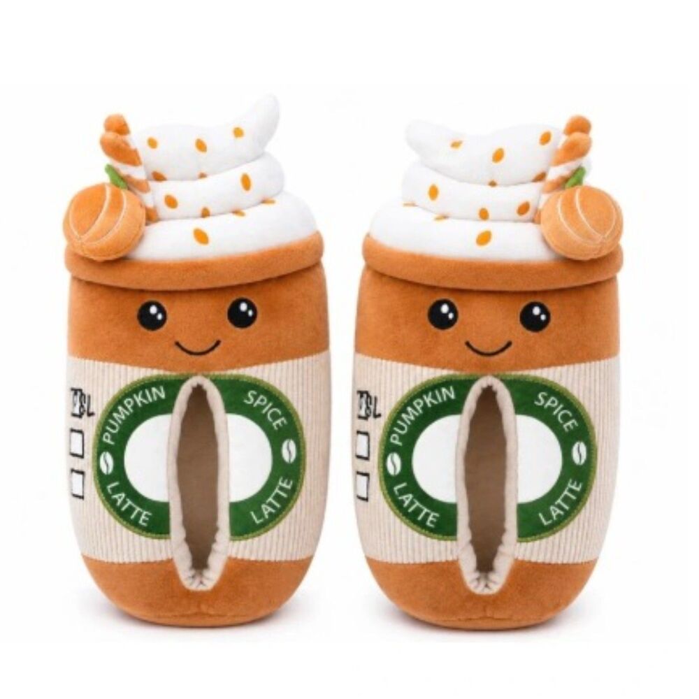 Pumpkin Spice Latte Slippers Women’s Size 9-10 Plush Coffee Cup Fall NWT